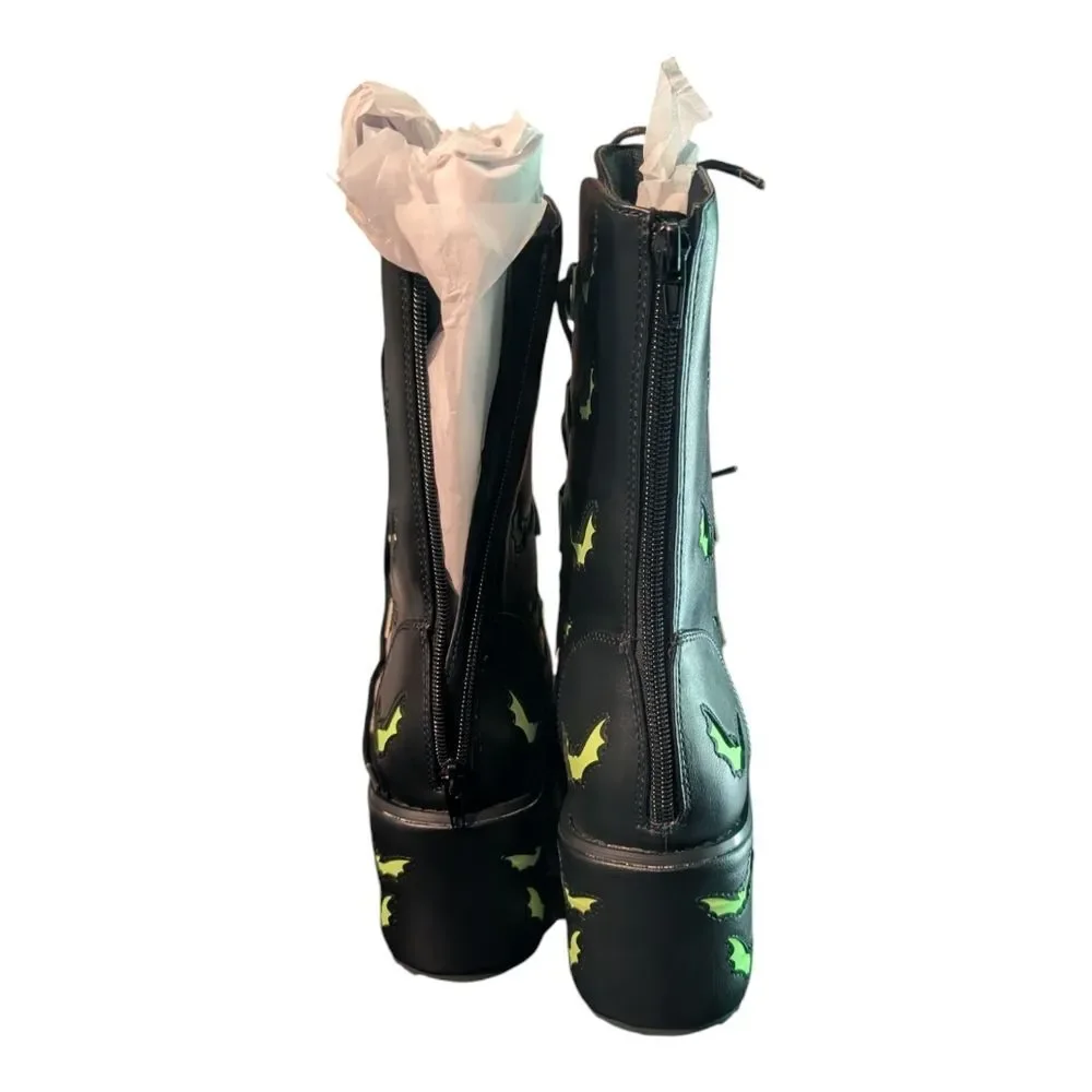 Strange Cvlt Black & Green Stomp Bat Boot, Size 8.